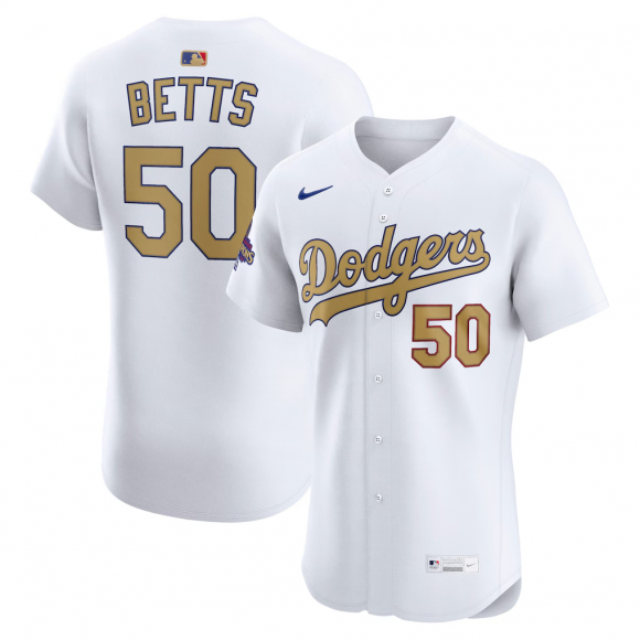 Men's Los Angeles Dodgers Mookie Betts Nike White 2025 Gold Collection Elite Jersey