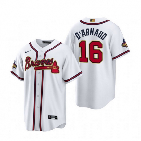 Men's Atlanta Braves #16 Travis d'Arnaud White 2022-23 Gold Cool Base Stitched Baseball Jersey