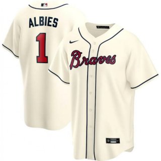 Men's Atlanta Braves #1 Ozzie Albies Cream Cool Base Stitched Jersey