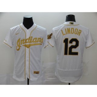 Men's Cleveland indians #12 Francisco Lindor 2020 White Golden Flex Base Stitched MLB Jersey