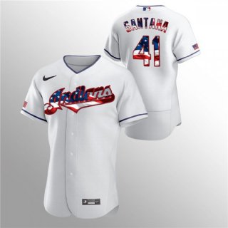 Men's Cleveland indians #41 Carlos Santana White 2020 Stars & Stripes Flex Base Stitched Jersey
