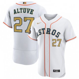 Men's Houston Astros #27 Jose Altuve White 2023 Gold Collection With World Serise Champions Patch Stitched Baseball Jersey