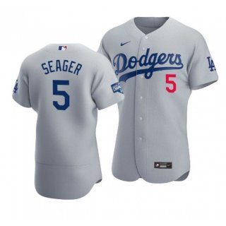 Men's Los Angeles Dodgers #5 Corey Seager 2020 Grey World Series Champions Patch Flex Base Sttiched Jersey