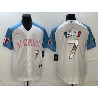 Men's Mexico Baseball #7 Julio Urias 2023 White Blue World Baseball Classic With Patch Stitched Jersey