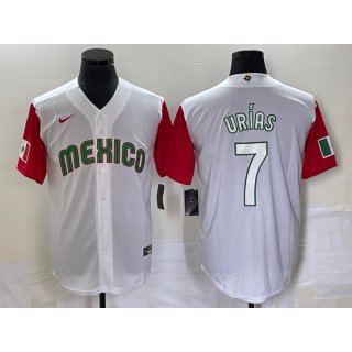 Men's Mexico Baseball #7 Julio Urias 2023 White Red World Baseball With Patch Classic Stitched Jersey
