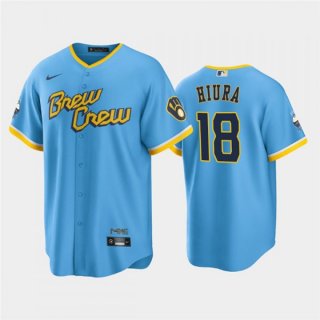 Men's Milwaukee Brewers #18 Keston Hiura 2022 Powder Blue City Connect Cool Base Stitched Jersey