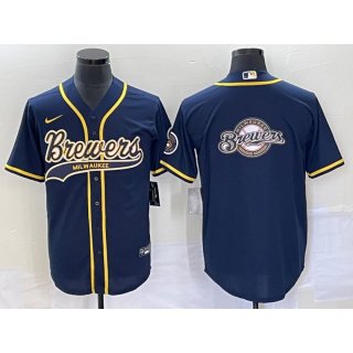 Men's Milwaukee Brewers Navy Team Big Logo Cool Base Stitched Jersey