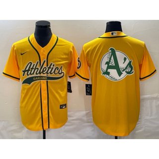 Men's Oakland Athletics Yellow Team Big Logo Cool Base Stitched Baseball Jersey 001