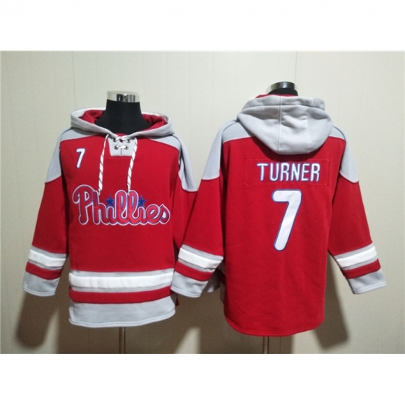 Men's Philadelphia Phillies #7 Trea Turner Red Ageless Must-Have Lace-Up Pullover Hoodie