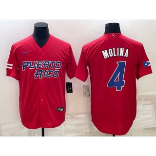 Men's Puerto Rico Baseball #4 Yadier Molina 2023 Red World Baseball Classic Stitched Jersey