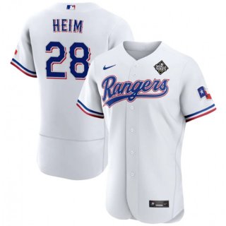 Men's Texas Rangers #28 Jonah Heim White 2023 World Series Flex Base Stitched Baseball Jersey