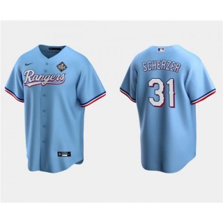 Men's Texas Rangers #31 Max Scherzer Blue 2023 World Series Stitched Baseball Jersey