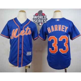 Mets #33 Matt Harvey Blue Alternate Home Cool W/2015 World Series Patch Stitched Youth MLB Jersey