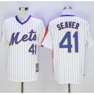 Mets #41 Tom Seaver White(Blue Strip) Cooperstown Stitched MLB Jersey