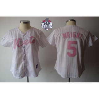 Mets #5 David Wright White Pink Strip W/2015 World Series Patch Women's Fashion Stitched MLB Jersey