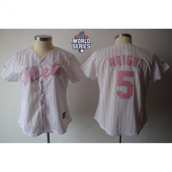 Mets #5 David Wright White Pink Strip W/2015 World Series Patch Women's Fashion Stitched MLB Jersey