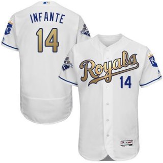 Royals #14 Omar infante White 2015 World Series Champions Gold Program FlexBase Authentic Stitched MLB Jersey