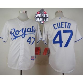 Royals #47 Johnny Cueto White Cool Base W/2015 World Series Patch Stitched MLB Jersey
