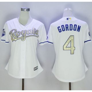 Royals #4 Alex Gordon White 2015 World Series Champions Gold Program Cool Base Women's Stitched MLB Jersey