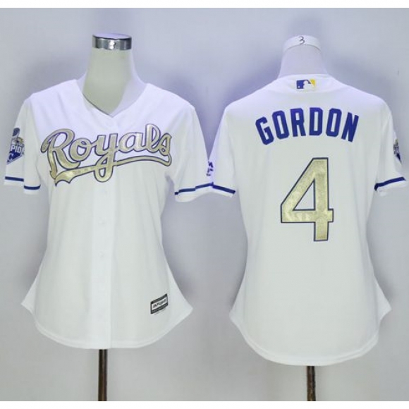 Royals #4 Alex Gordon White 2015 World Series Champions Gold Program Cool Base Women's Stitched MLB Jersey