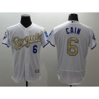 Royals #6 Lorenzo Cain White 2015 World Series Champions Gold Program FlexBase Authentic Stitched MLB Jersey