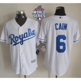 Royals #6 Lorenzo Cain White New Cool Base W/2015 World Series Patch Stitched MLB Jersey