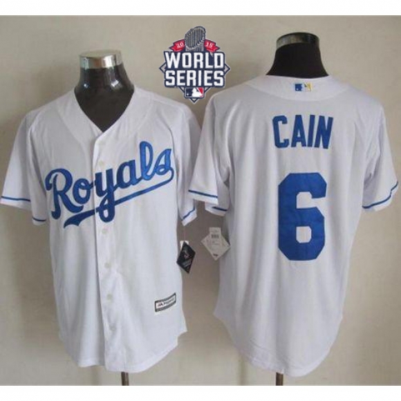 Royals #6 Lorenzo Cain White New Cool Base W/2015 World Series Patch Stitched MLB Jersey