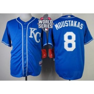 Royals #8 Mike Moustakas Blue Alternate 2 Cool Base W/2015 World Series Patch Stitched MLB Jersey