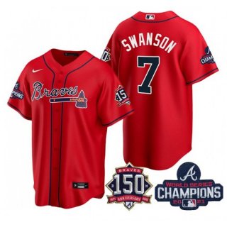 Women's Atlanta Braves #7 Dansby Swanson 2021 Red World Series Champions With 150th Anniversary Patch Cool Base Stitched Jersey(Run Small)