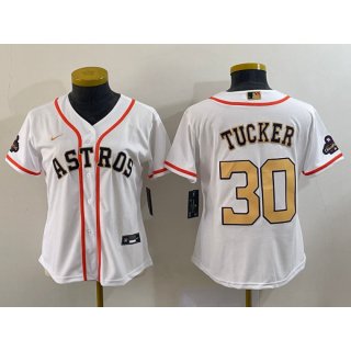 Women's Houston Astros #30 Kyle Tucker White 2023 Gold Collection With World Serise Champions Patch Stitched Jersey(Run Small)