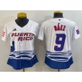 Women's Puerto Rico Baseball #9 Javier Baez 2023 White World Baseball Classic Stitched Jersey(Run Small)