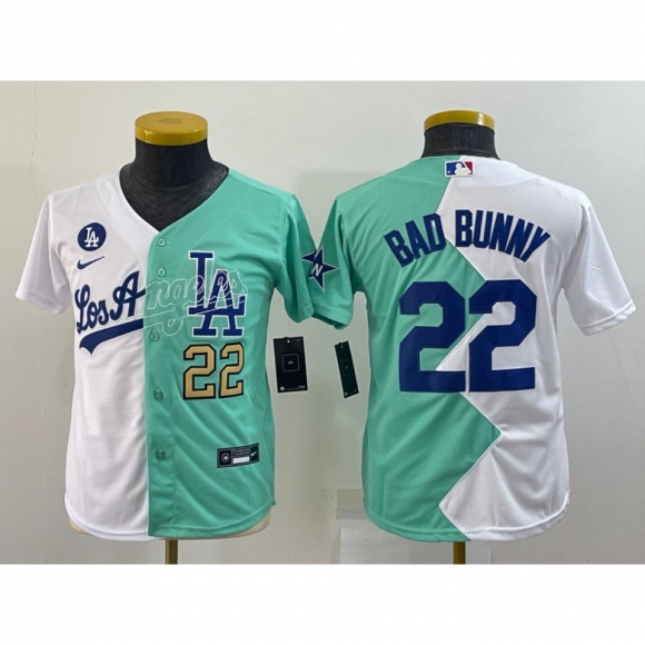 Youth Los Angeles Dodgers #22 Bad Bunny 2022 All-Star White/Green Split Stitched Jersey