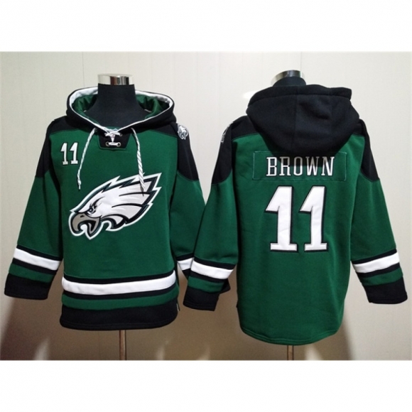 Men's Philadelphia Eagles #11 A. J. Brown Green Lace-Up Pullover Hoodie