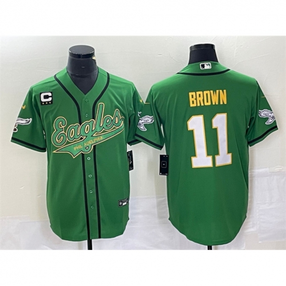 Men's Philadelphia Eagles #11 A. J. Brown Green Gold With 3-star C Patch Cool Base Stitched Baseball Jersey